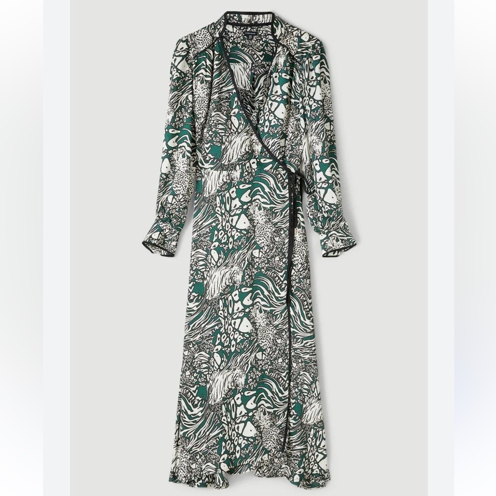 Animal Satin Twill Zip Front Belt Wrap Dress Size Medium